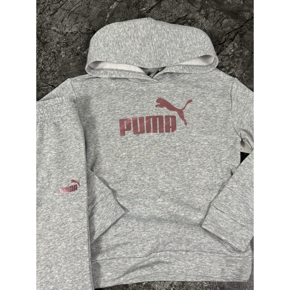 Puma Girls Fleece Hoodie Jogger Set Metallic Pink Heathered Gray Sz XS 6 - Picture 3 of 12